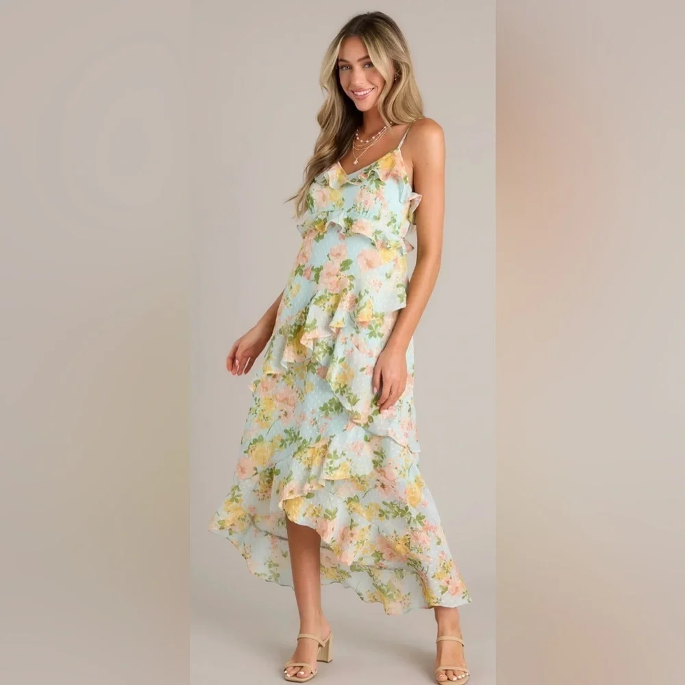 By The River Blossom In Time Blue Multi Floral Ruffle Tiered Midi Dress Size L - Picture 3 of 14